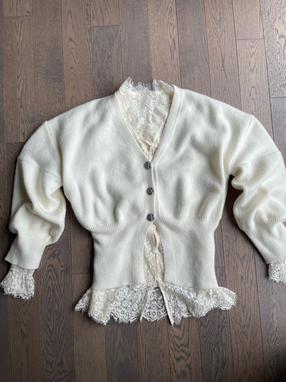 Cream Lace-Trim V-Neck Women's Cardigan Sweater - Picture 8 of 10